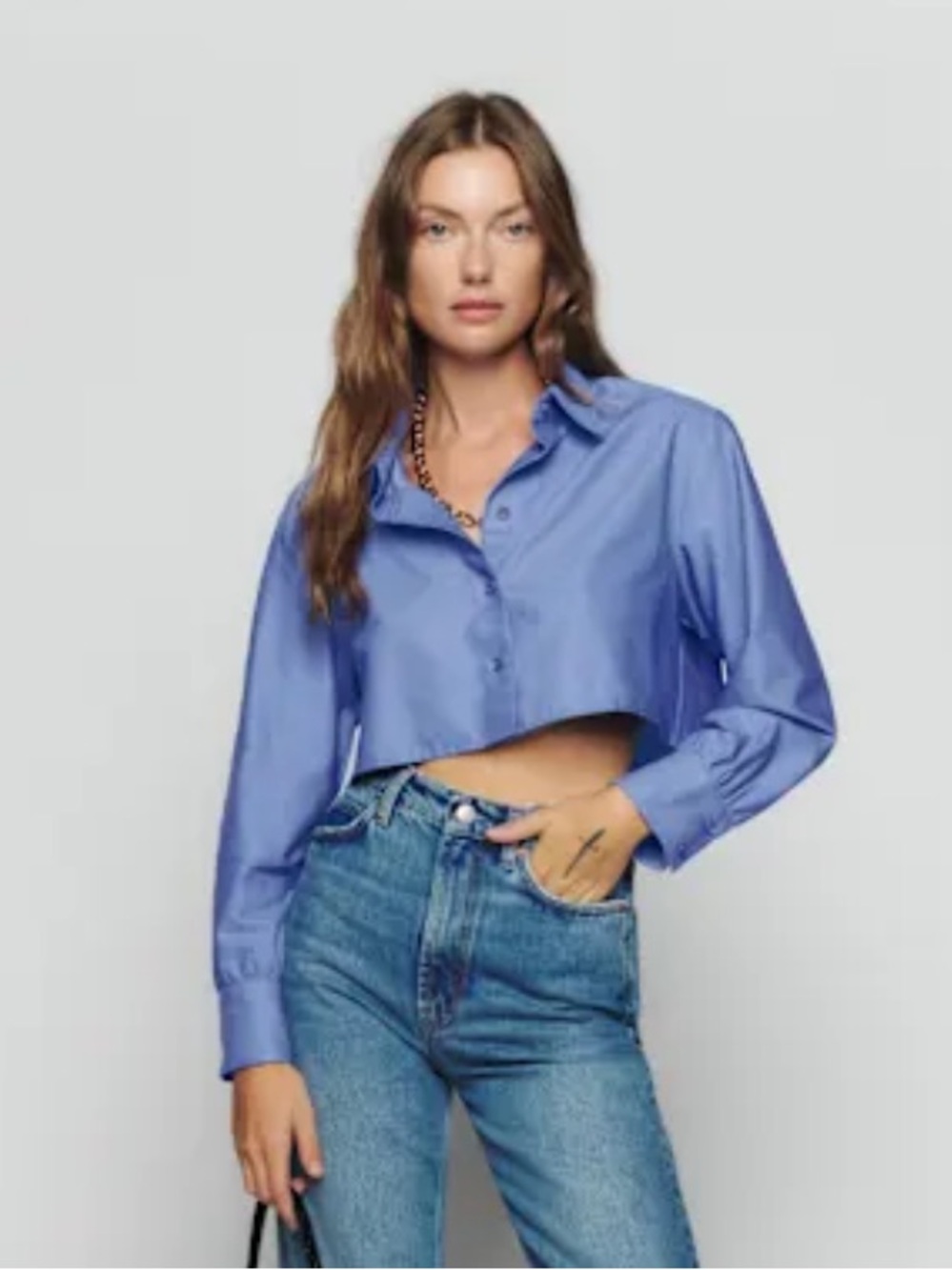 Reformation Noah Shirt in Dusk / Cropped Button-Front Women's Shirt - Blue